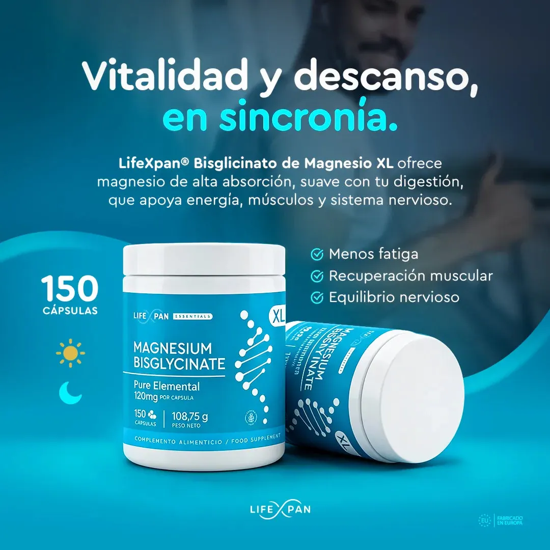LifeXpan® Bisglycinate de Magnésium XL - 120 mg d'Élément Pur | Énergie, Stress et Sommeil Réparateur | 150 Gélules Véganes